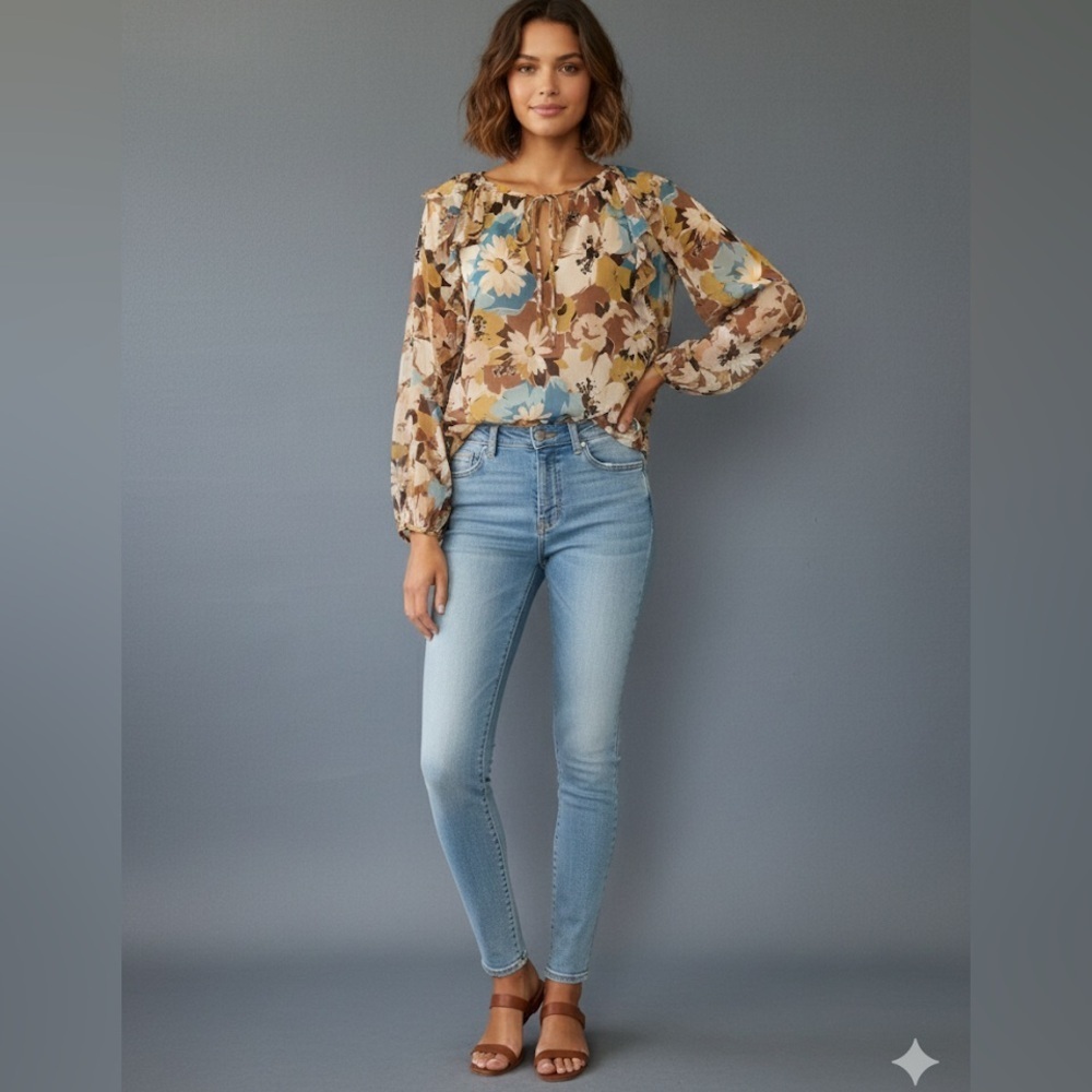 NWT Lauren Ralph Lauren Floral Chiffon Blouse Ruffled Tie Neck Size M